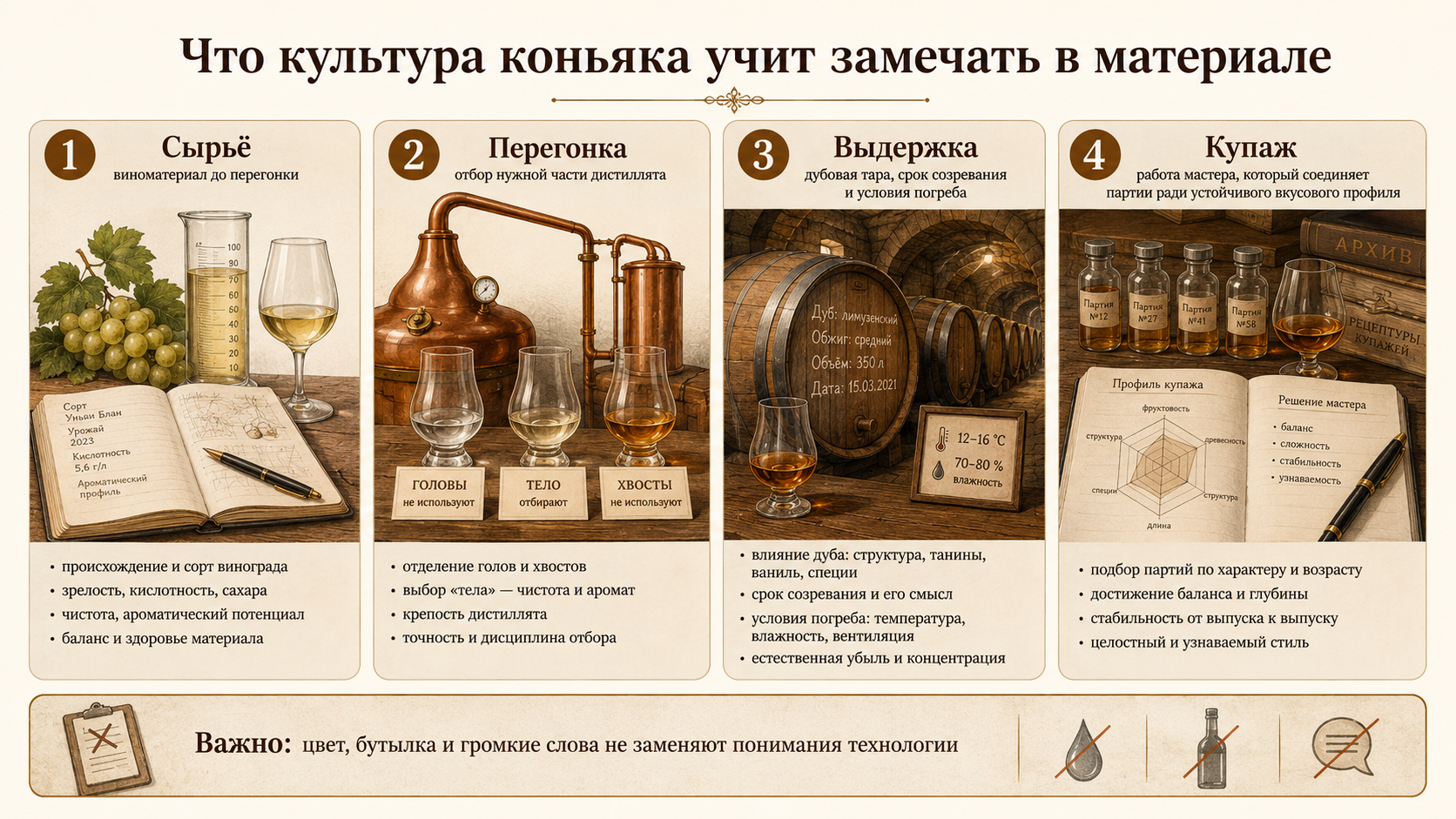 Производство коньяка от сырья до купажа: виноматериал, перегонка, выдержка в дубовой таре и работа мастера по соединению партий.