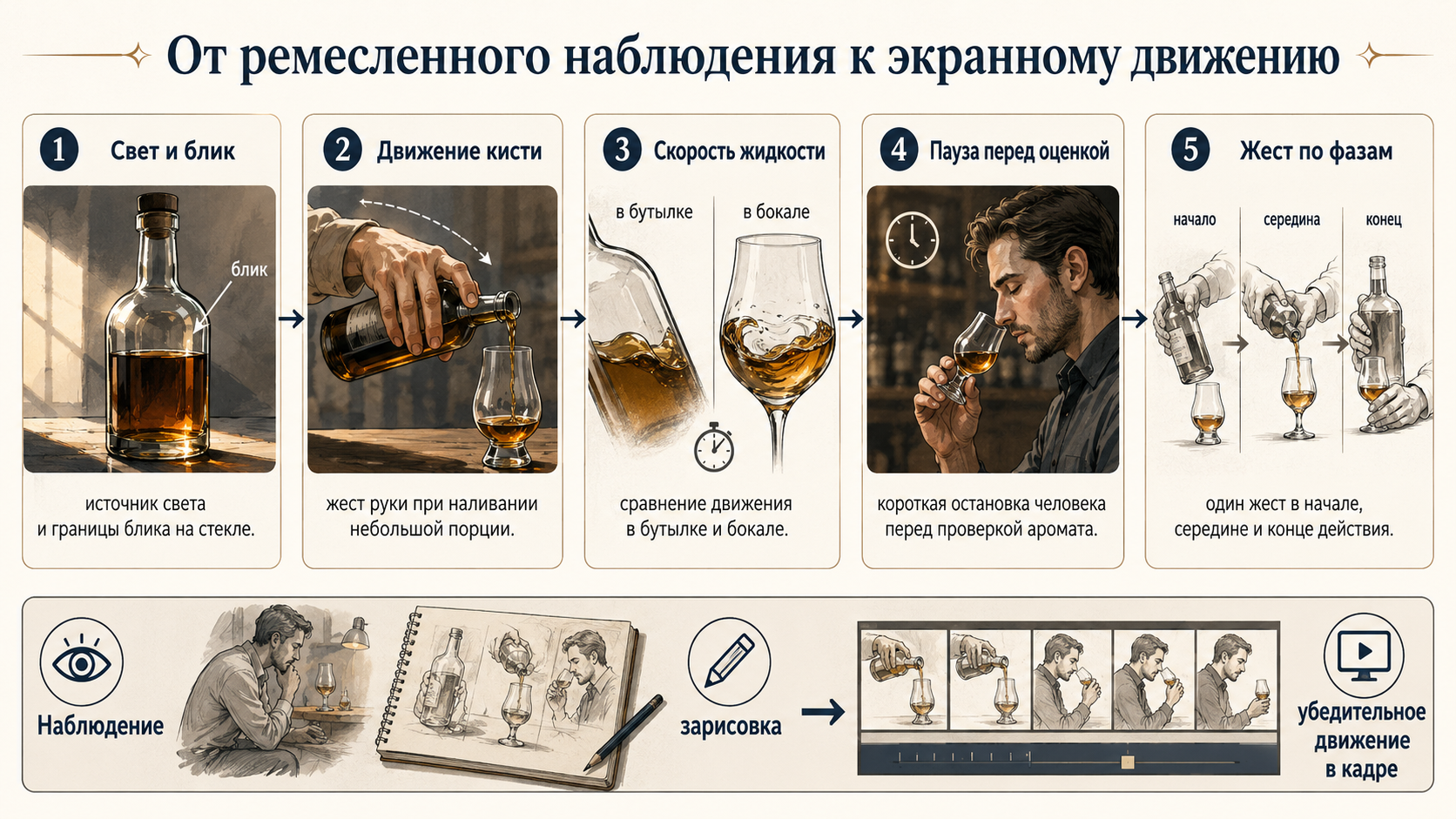 От наблюдения к экранному движению: свет и блик на стекле, движение кисти, скорость жидкости, пауза перед оценкой и жест персонажа по фазам.