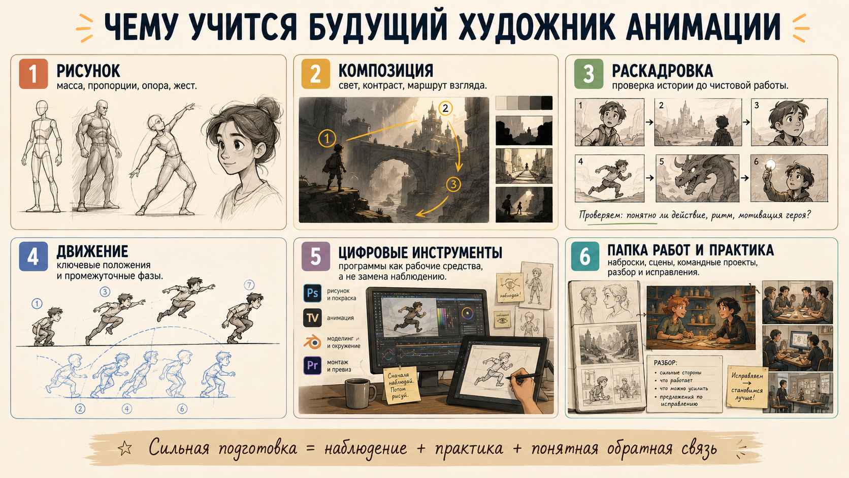 Чему учится будущий художник анимации: рисунок, композиция, раскадровка, движение, цифровые инструменты, папка работ и практические проекты.